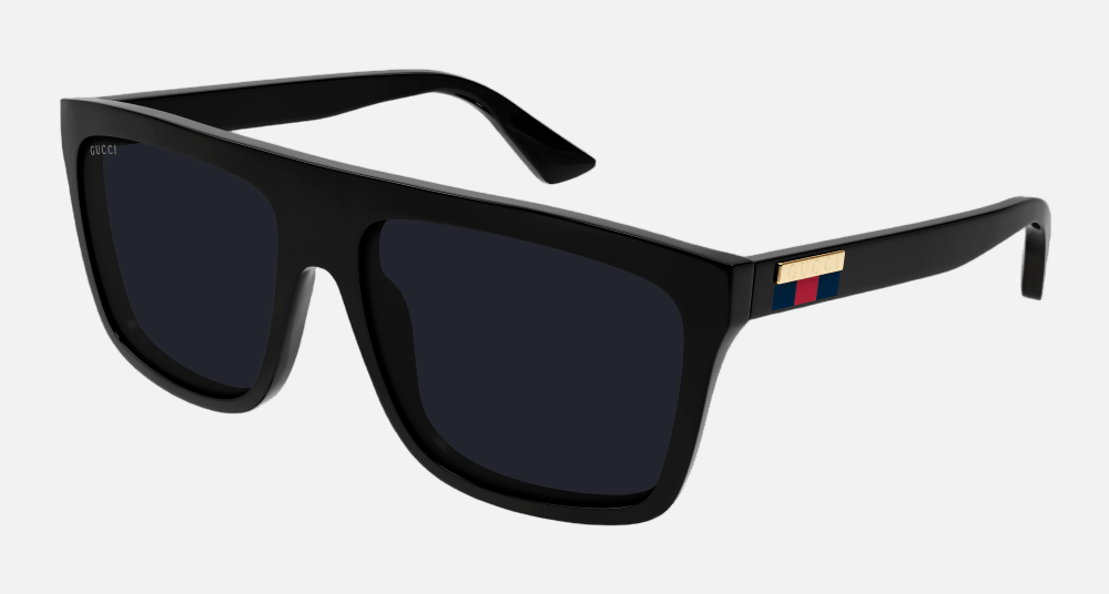 Gucci GG0748S 001 square sunglasses for men in full rim plastic, with black frame, and grey lenses. 59mm in lens size, 17mm in bridge size, and 145mm in temple length.