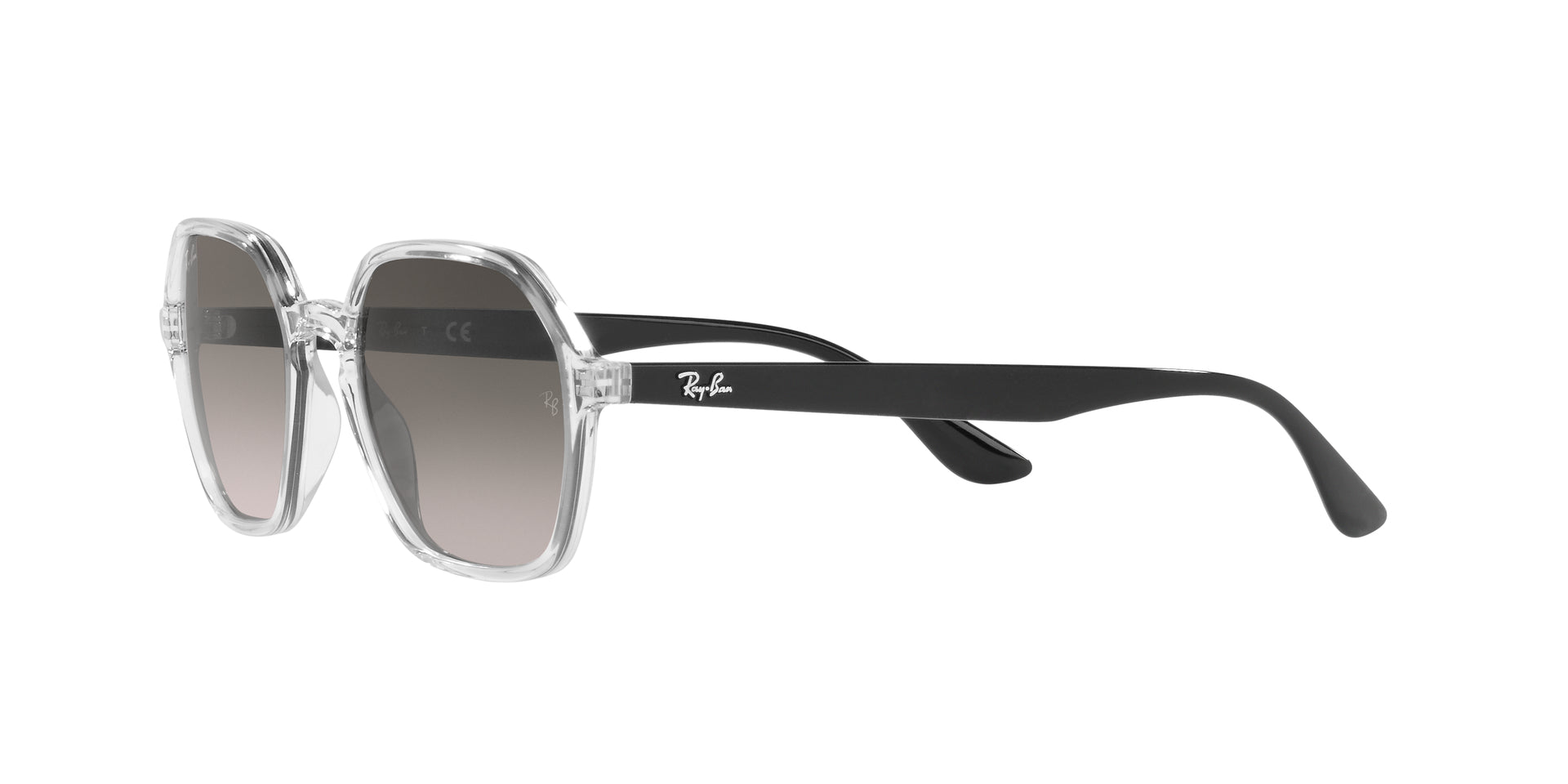 Ray-Ban RB4361 647711 irregular sunglasses for unisex in full rim plastic, with transparent frame, and grey gradient lenses. 52mm in lens size, 18mm in bridge size, and 145mm in temple length.