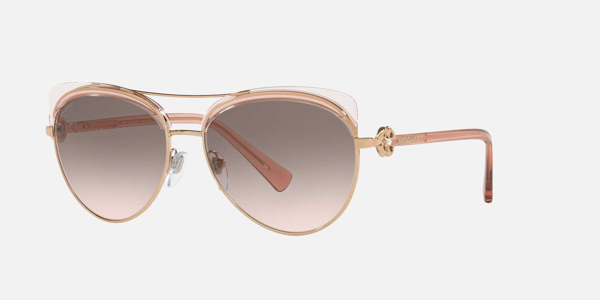 Bvlgari BV6164B 20143B aviator sunglasses for women in full rim metal, with pink gold/transparent pink frame, and pink gradient grey lenses. 57mm in lens size, 15mm in bridge size, and 140mm in temple length.