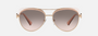 Bvlgari BV6164B 20143B aviator sunglasses for women in full rim metal, with pink gold/transparent pink frame, and pink gradient grey lenses. 57mm in lens size, 15mm in bridge size, and 140mm in temple length.