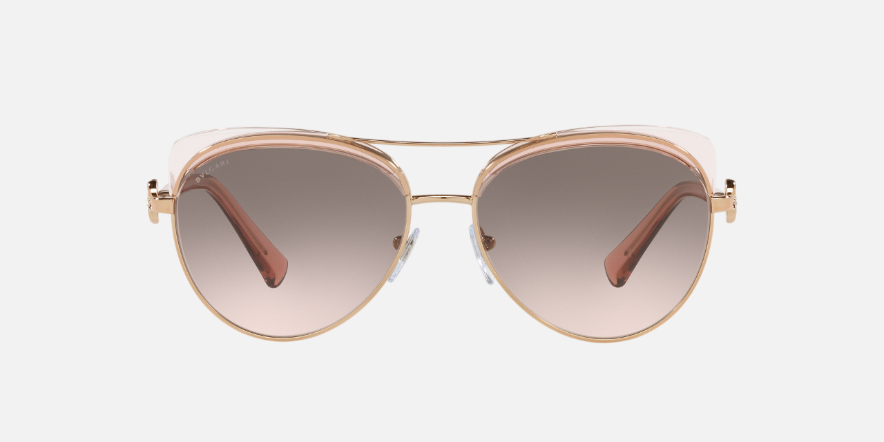 Bvlgari BV6164B 20143B aviator sunglasses for women in full rim metal, with pink gold/transparent pink frame, and pink gradient grey lenses. 57mm in lens size, 15mm in bridge size, and 140mm in temple length.