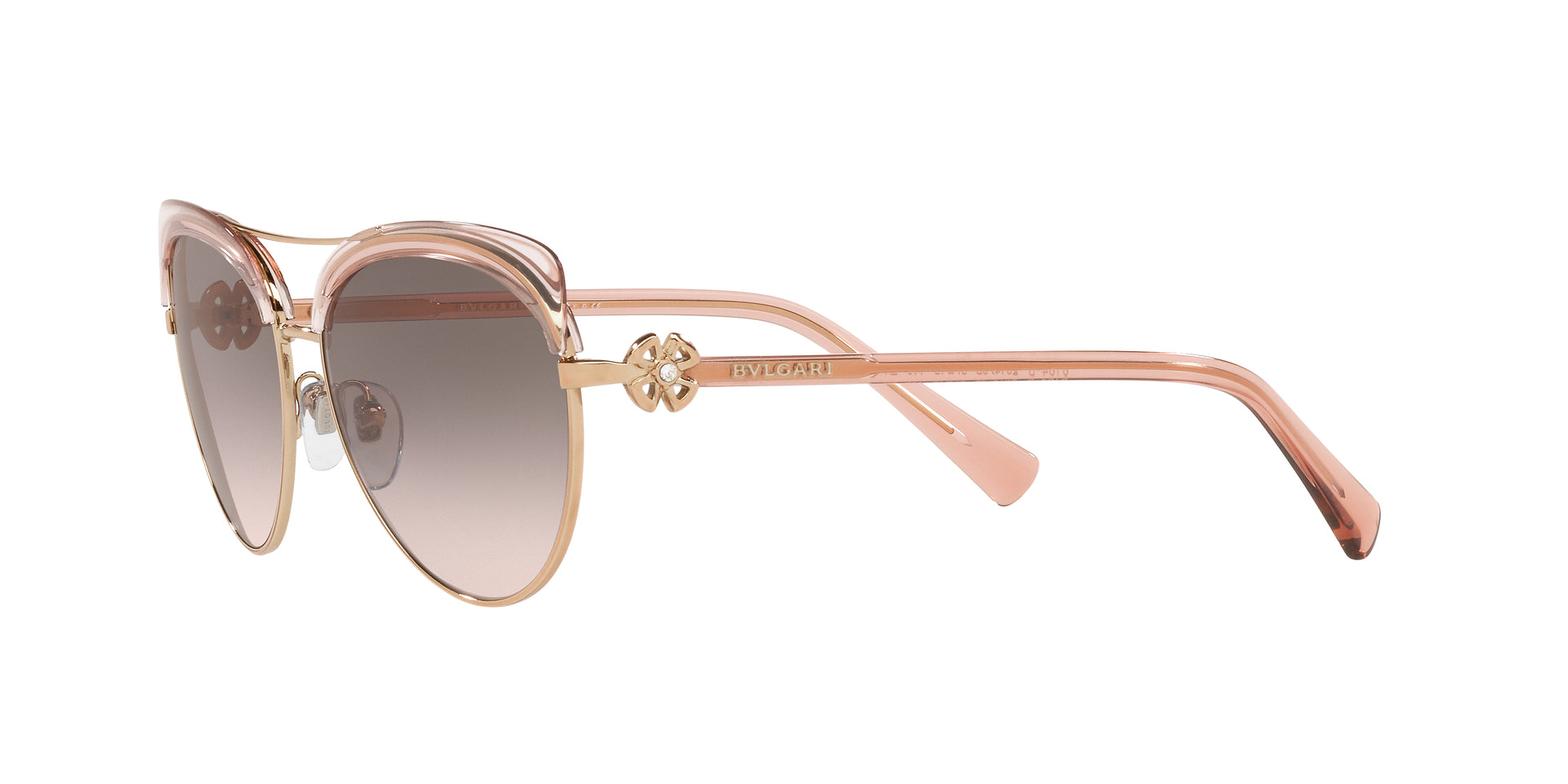 Bvlgari BV6164B 20143B aviator sunglasses for women in full rim metal, with pink gold/transparent pink frame, and pink gradient grey lenses. 57mm in lens size, 15mm in bridge size, and 140mm in temple length.