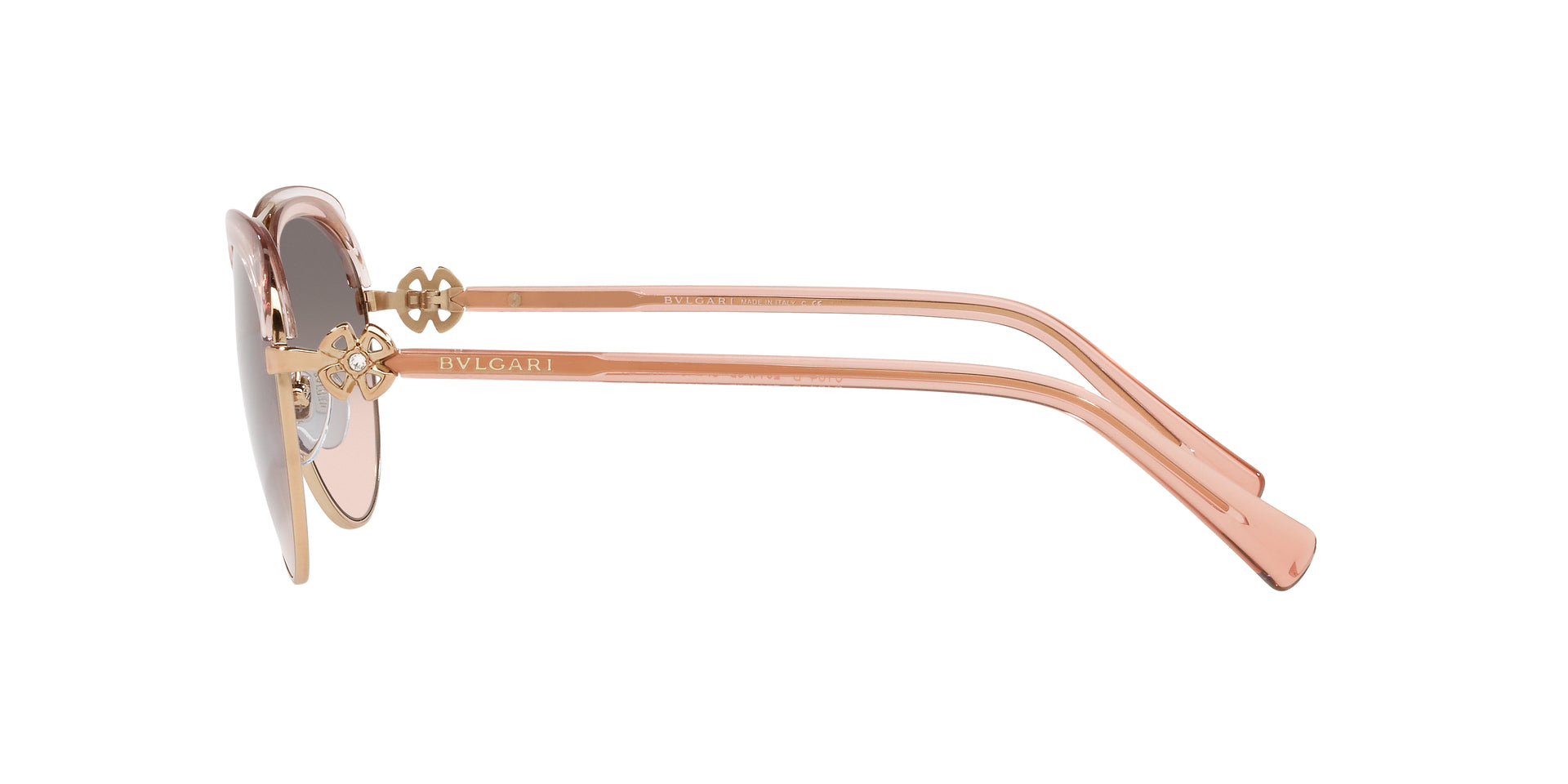 Bvlgari BV6164B 20143B aviator sunglasses for women in full rim metal, with pink gold/transparent pink frame, and pink gradient grey lenses. 57mm in lens size, 15mm in bridge size, and 140mm in temple length.