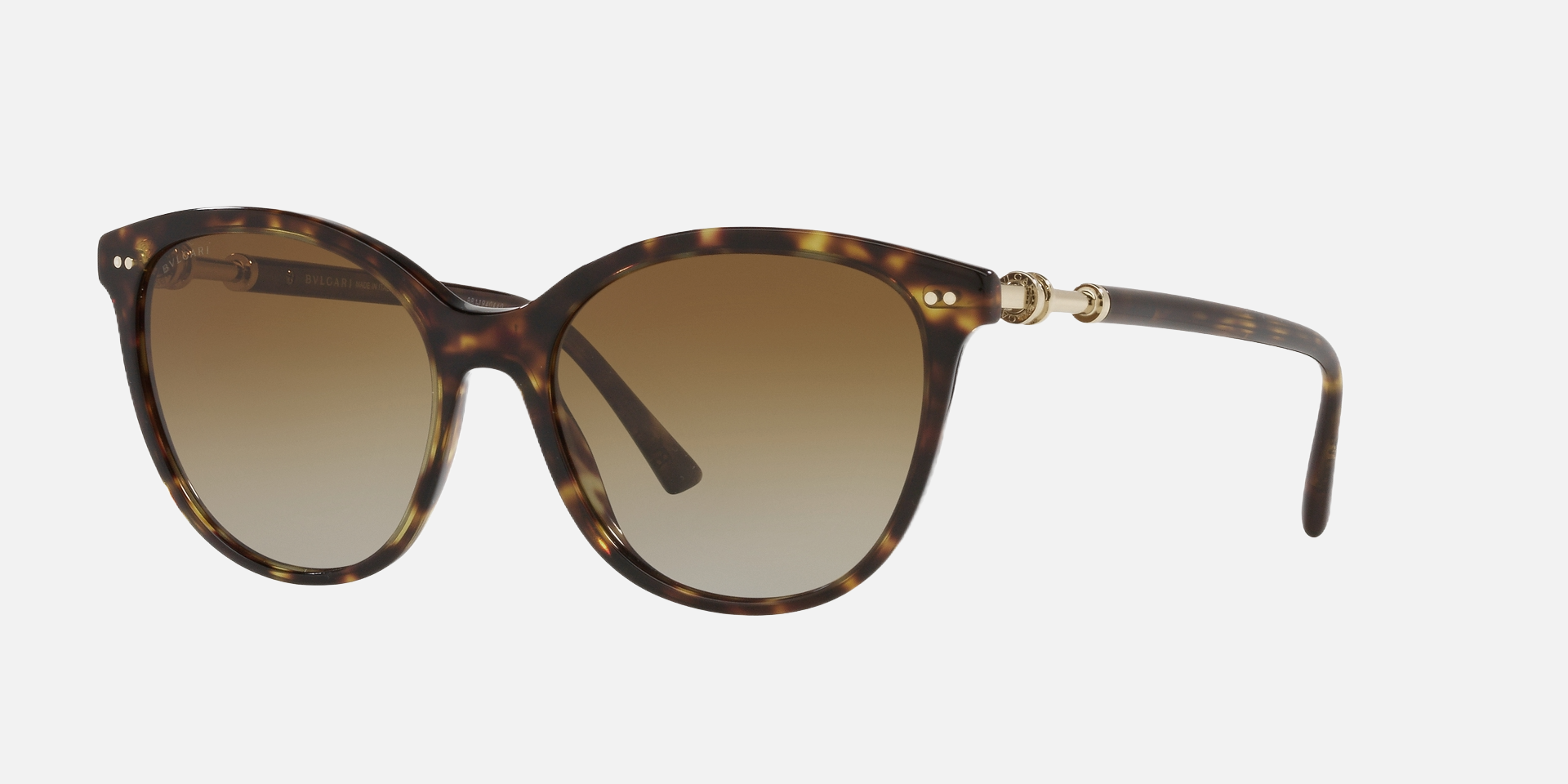 Bvlgari BV8235 504/T5 cat-eye sunglasses for women in full rim plastic, with havana frame, and brown gradient lenses. 55mm in lens size, 17mm in bridge size, and 140mm in temple length.