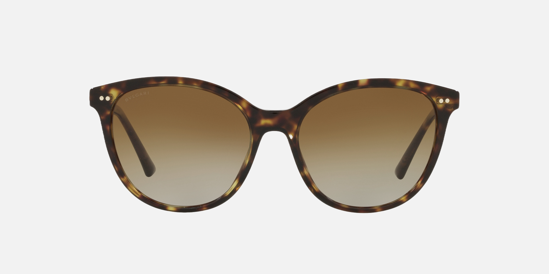 Bvlgari BV8235 504/T5 cat-eye sunglasses for women in full rim plastic, with havana frame, and brown gradient lenses. 55mm in lens size, 17mm in bridge size, and 140mm in temple length.