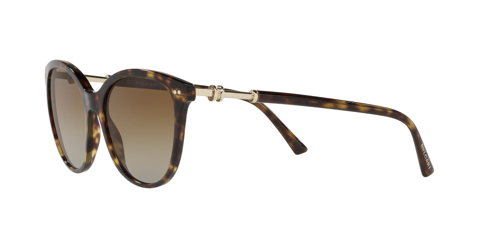 Bvlgari BV8235 504/T5 cat-eye sunglasses for women in full rim plastic, with havana frame, and brown gradient lenses. 55mm in lens size, 17mm in bridge size, and 140mm in temple length.