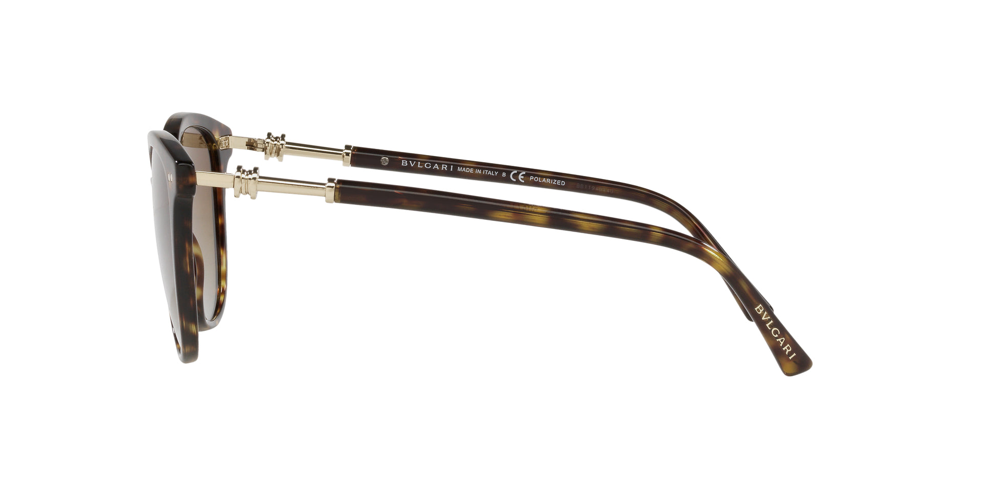 Bvlgari BV8235 504/T5 cat-eye sunglasses for women in full rim plastic, with havana frame, and brown gradient lenses. 55mm in lens size, 17mm in bridge size, and 140mm in temple length.
