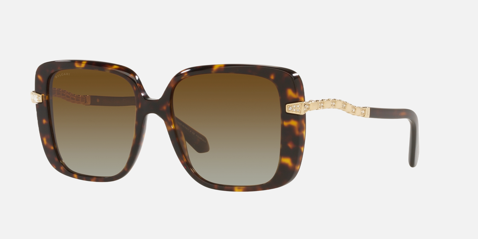 Bvlgari BV8237B 504/T5 square sunglasses for women in full rim plastic, with havana frame, and gradient brown lenses. 55mm in lens size, 17mm in bridge size, and 140mm in temple length.