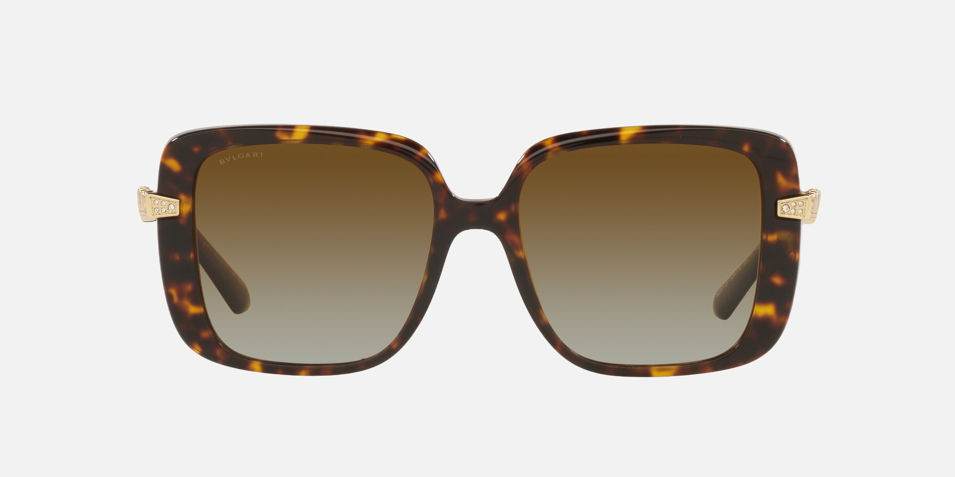 Bvlgari BV8237B 504/T5 square sunglasses for women in full rim plastic, with havana frame, and gradient brown lenses. 55mm in lens size, 17mm in bridge size, and 140mm in temple length.
