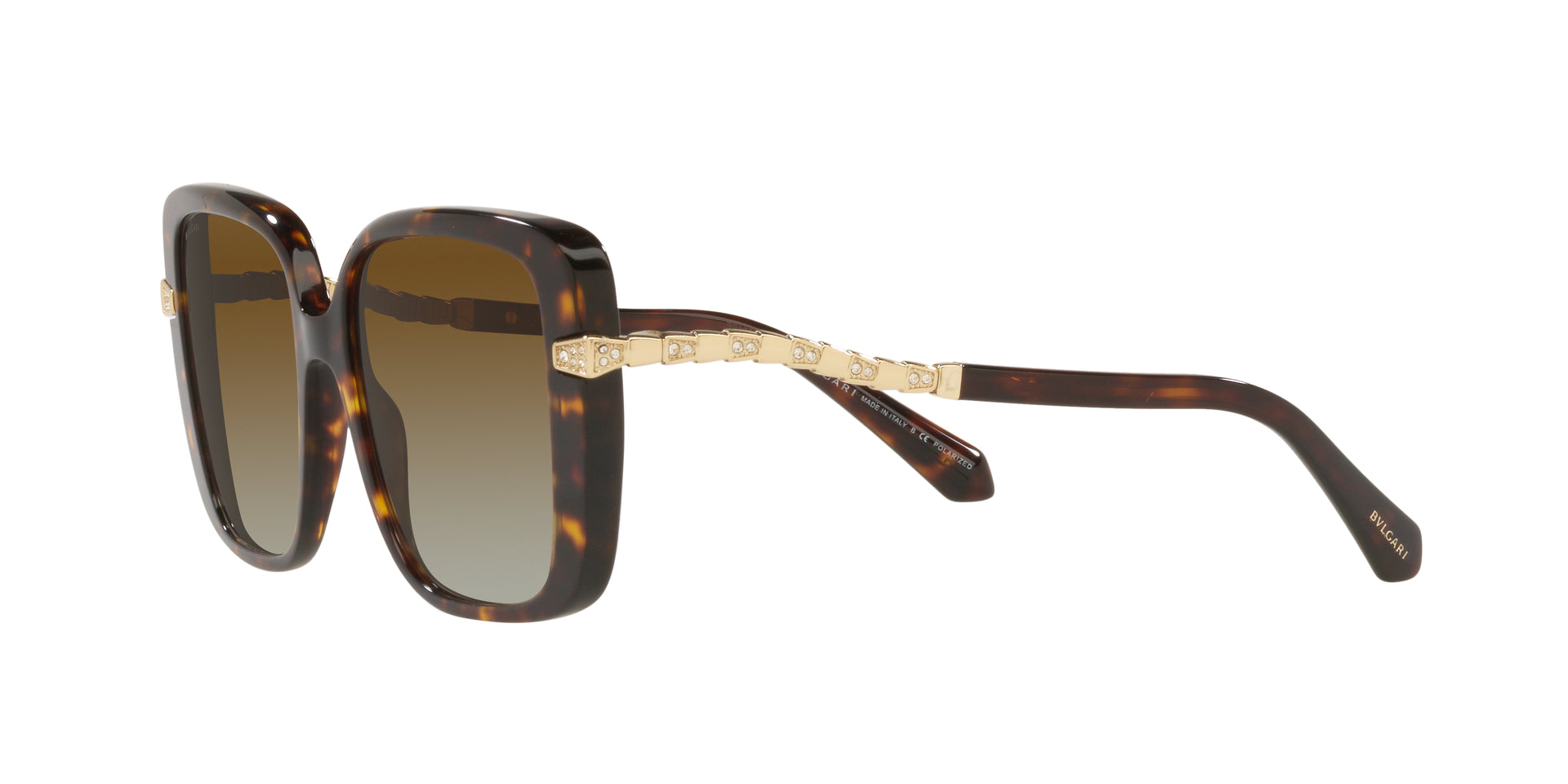 Bvlgari BV8237B 504/T5 square sunglasses for women in full rim plastic, with havana frame, and gradient brown lenses. 55mm in lens size, 17mm in bridge size, and 140mm in temple length.