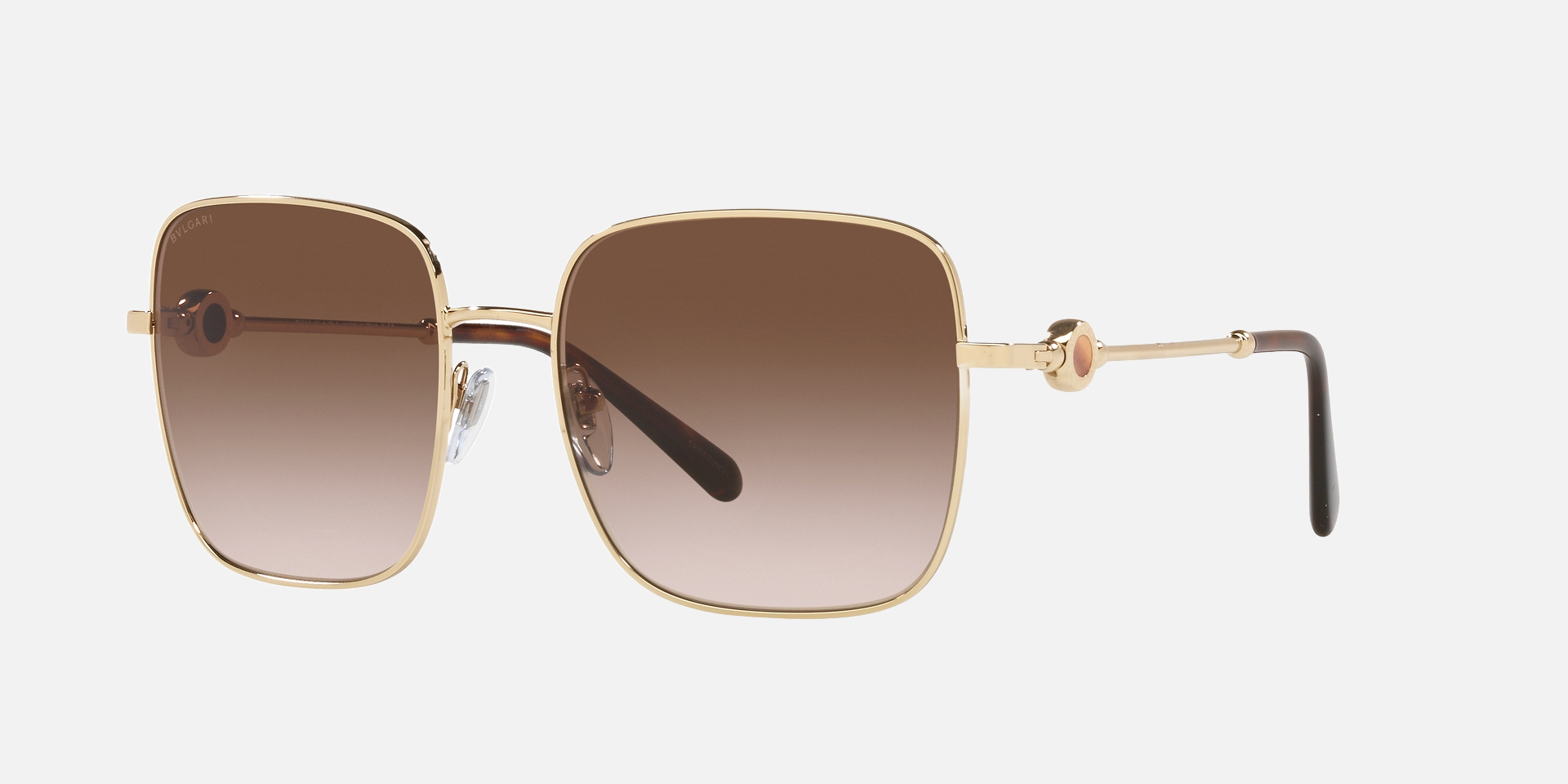 Bvlgari BV6165 278/13 square sunglasses for women in full rim metal, with pale gold frame, and gradient brown lenses. 57mm in lens size, 18mm in bridge size, and 140mm in temple length.