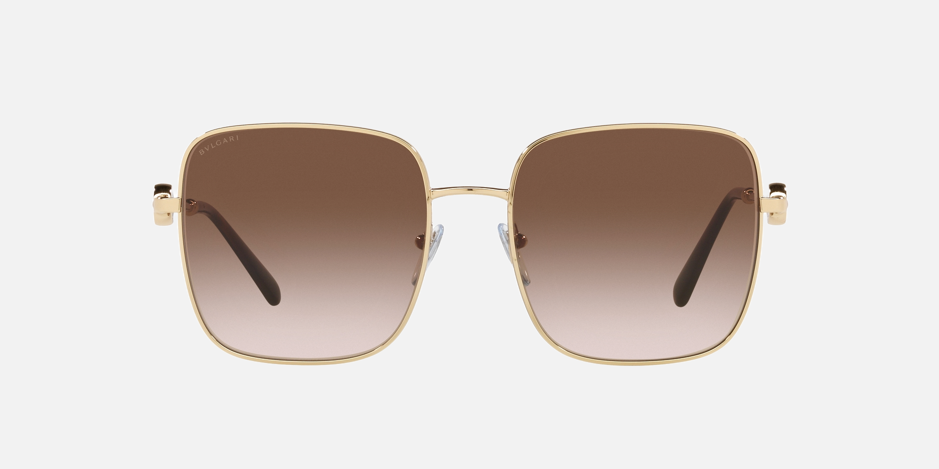 Bvlgari BV6165 278/13 square sunglasses for women in full rim metal, with pale gold frame, and gradient brown lenses. 57mm in lens size, 18mm in bridge size, and 140mm in temple length.