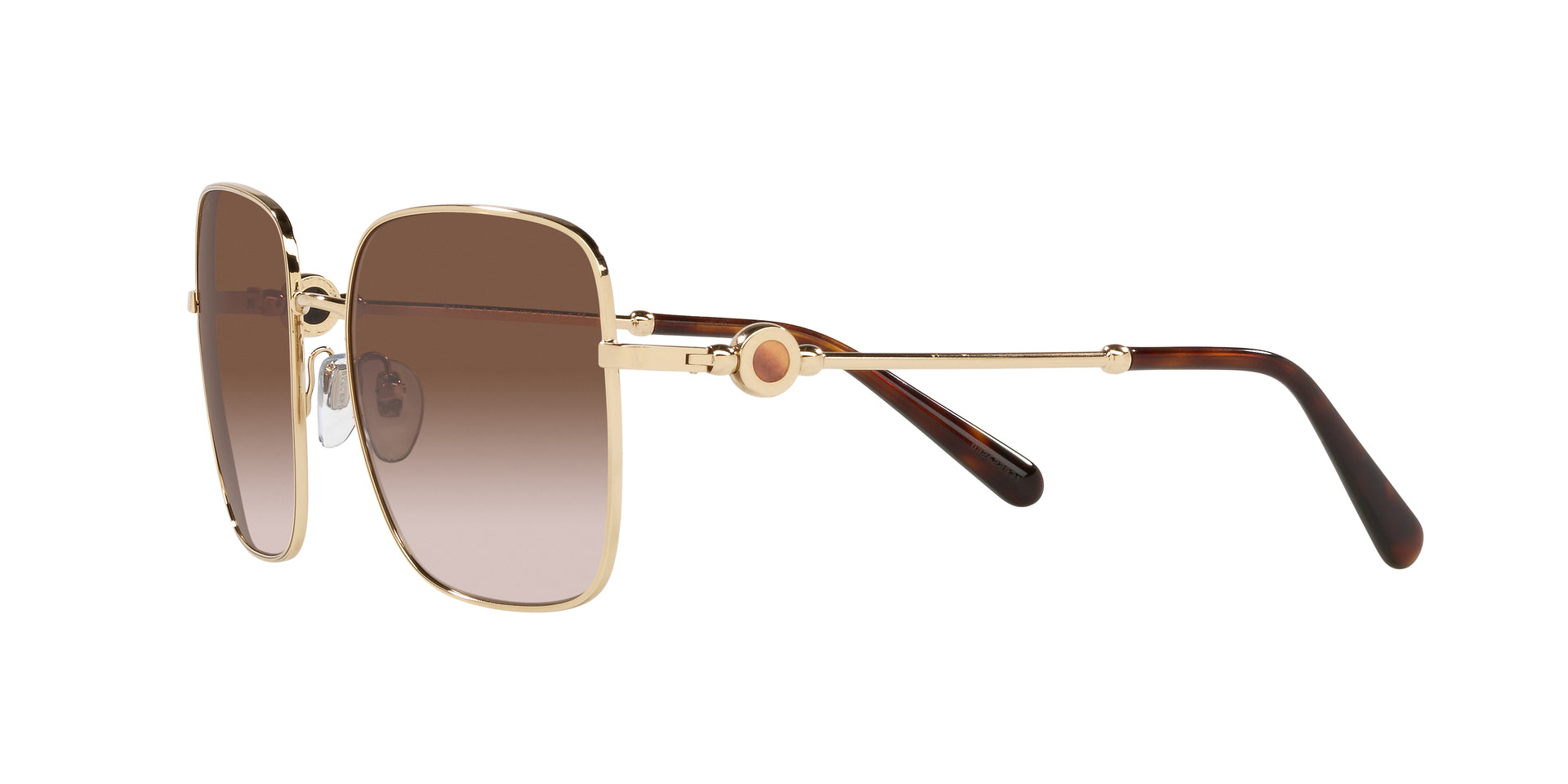 Bvlgari BV6165 278/13 square sunglasses for women in full rim metal, with pale gold frame, and gradient brown lenses. 57mm in lens size, 18mm in bridge size, and 140mm in temple length.