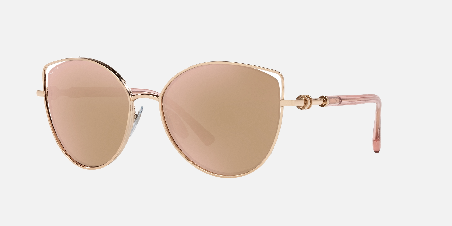 Bvlgari BV6168 20144Z cat-eye sunglasses for women in semi-rimless metal, with pink gold frame, and rose gold lenses. 57mm in lens size, 17mm in bridge size, and 140mm in temple length.