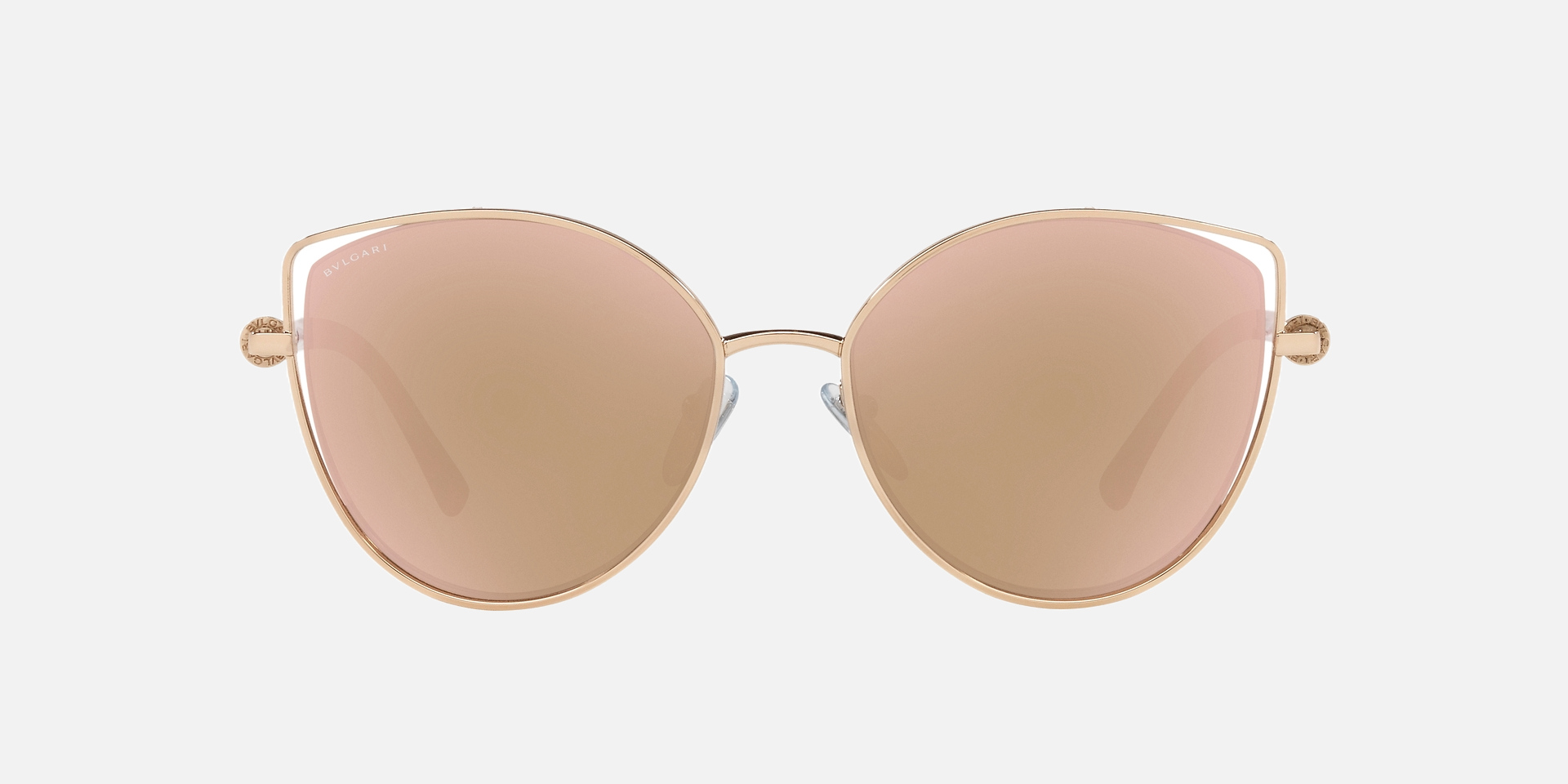 Bvlgari BV6168 20144Z cat-eye sunglasses for women in semi-rimless metal, with pink gold frame, and rose gold lenses. 57mm in lens size, 17mm in bridge size, and 140mm in temple length.