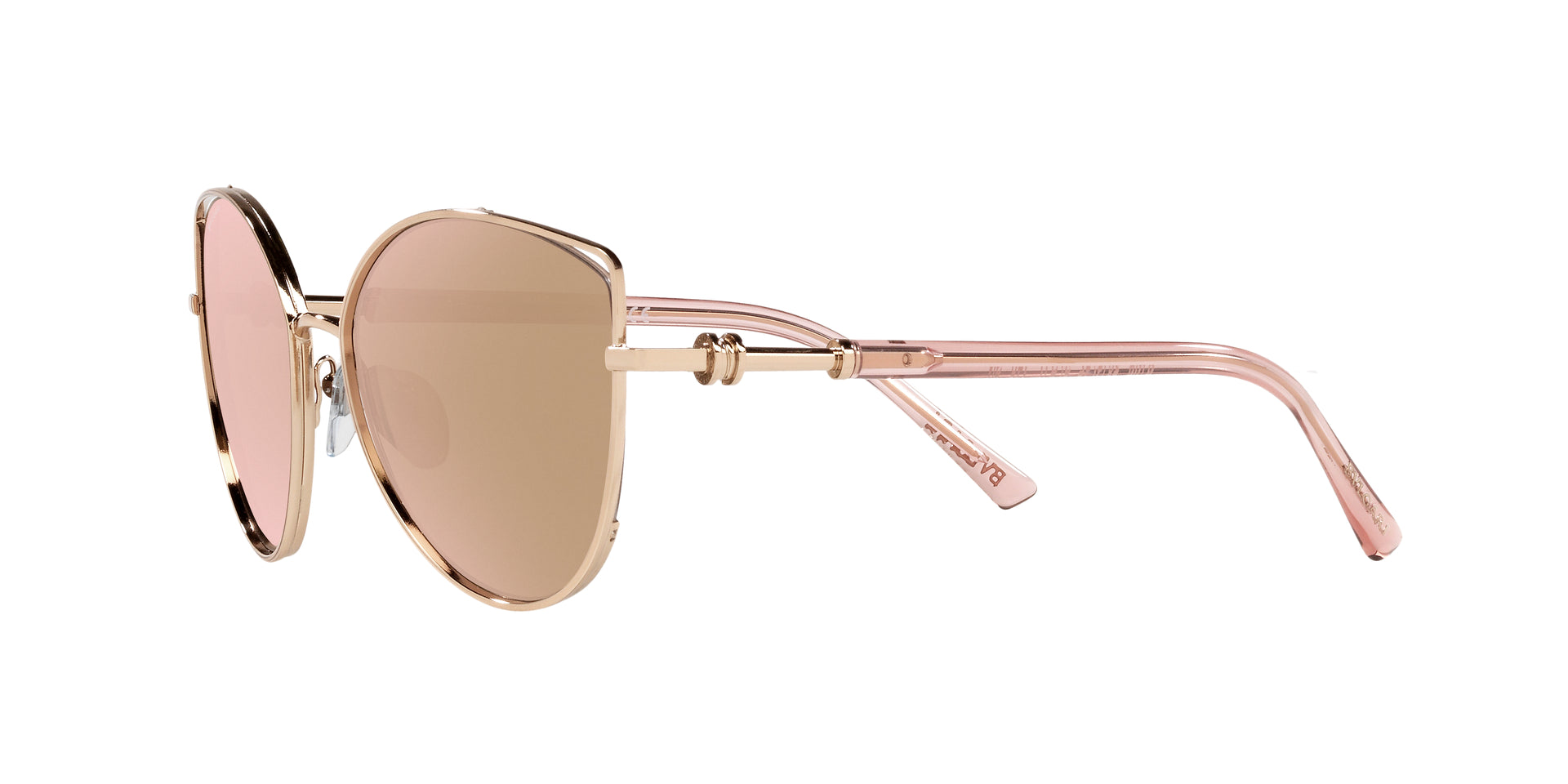 Bvlgari BV6168 20144Z cat-eye sunglasses for women in semi-rimless metal, with pink gold frame, and rose gold lenses. 57mm in lens size, 17mm in bridge size, and 140mm in temple length.
