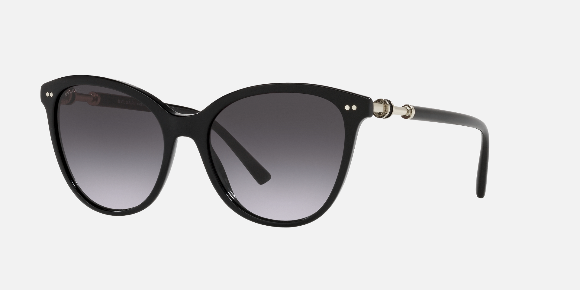 Bvlgari BV8235 501/8G cat-eye sunglasses for women in full rim plastic, with black frame, and gradient grey lenses. 55mm in lens size, 17mm in bridge size, and 140mm in temple length.