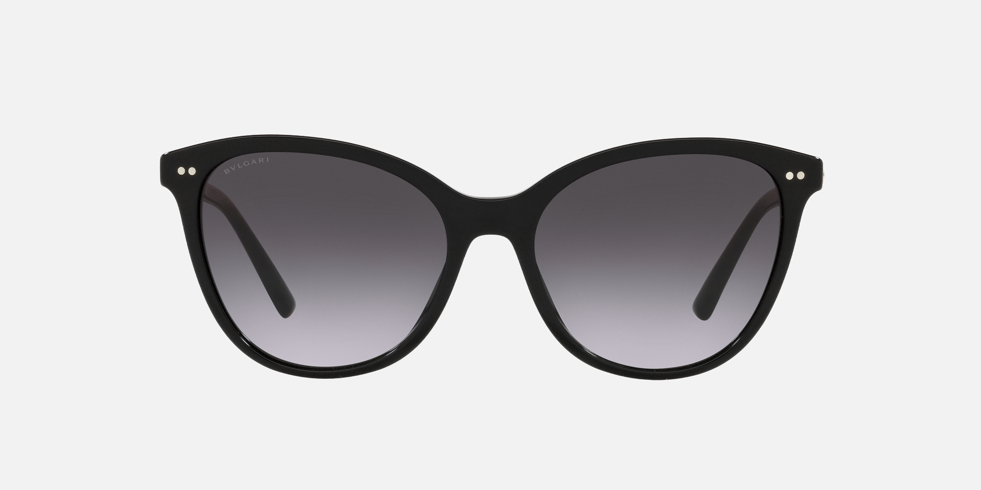 Bvlgari BV8235 501/8G cat-eye sunglasses for women in full rim plastic, with black frame, and gradient grey lenses. 55mm in lens size, 17mm in bridge size, and 140mm in temple length.