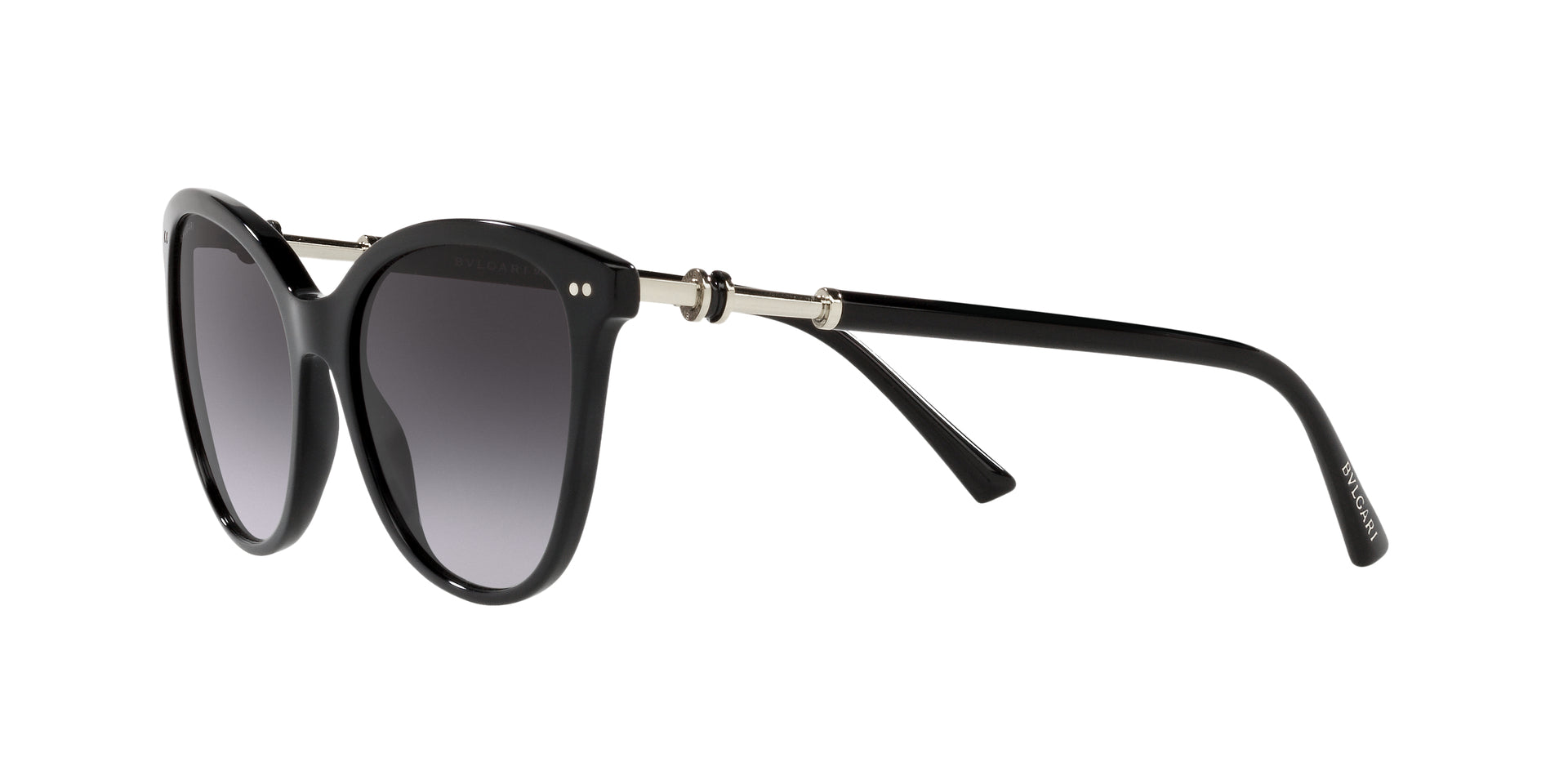 Bvlgari BV8235 501/8G cat-eye sunglasses for women in full rim plastic, with black frame, and gradient grey lenses. 55mm in lens size, 17mm in bridge size, and 140mm in temple length.