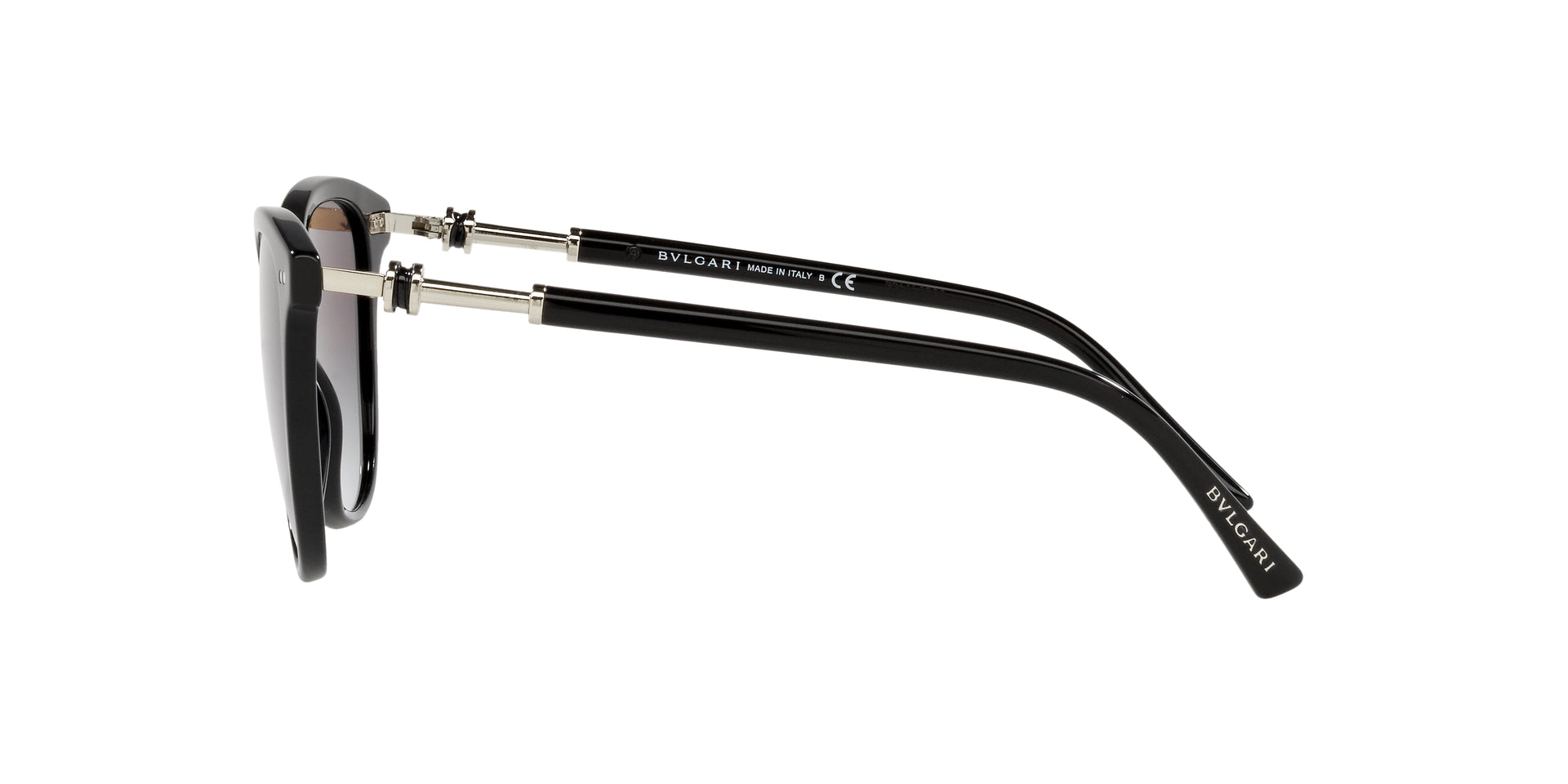 Bvlgari BV8235 501/8G cat-eye sunglasses for women in full rim plastic, with black frame, and gradient grey lenses. 55mm in lens size, 17mm in bridge size, and 140mm in temple length.