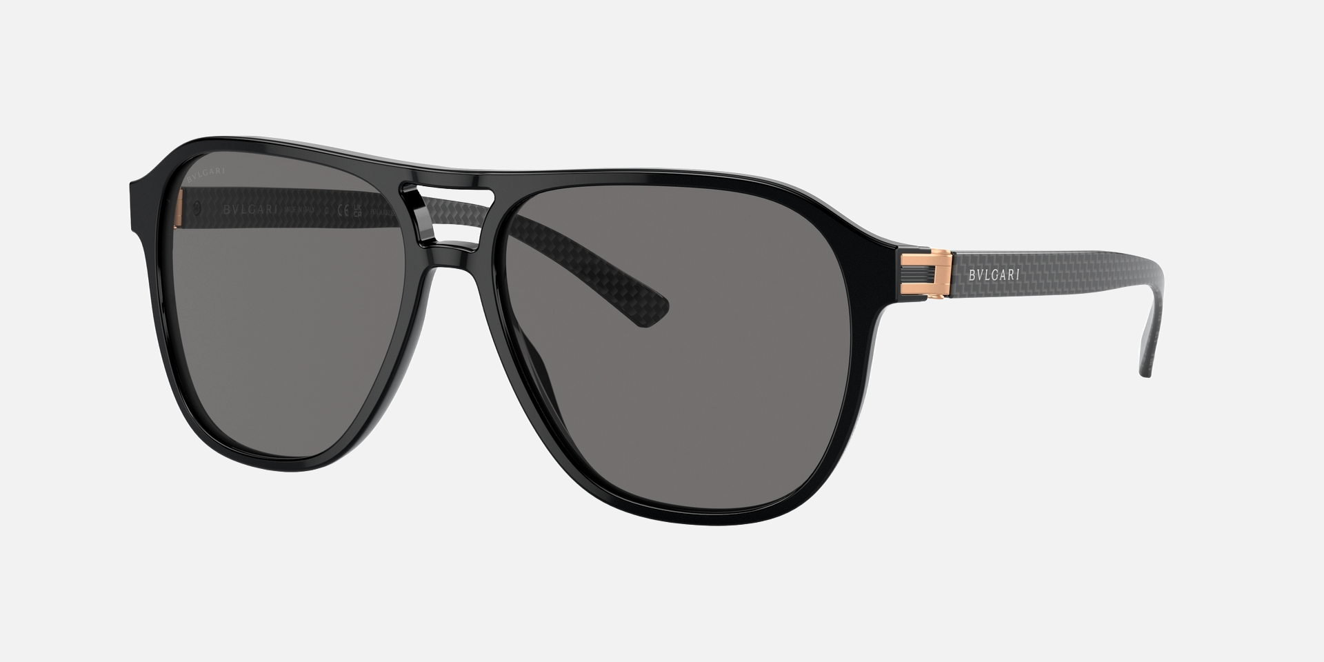 Bvlgari BV7034 501/81 aviator sunglasses for men in full rim plastic, with black frame, and gradient grey lenses. 57mm in lens size, 15mm in bridge size, and 140mm in temple length.