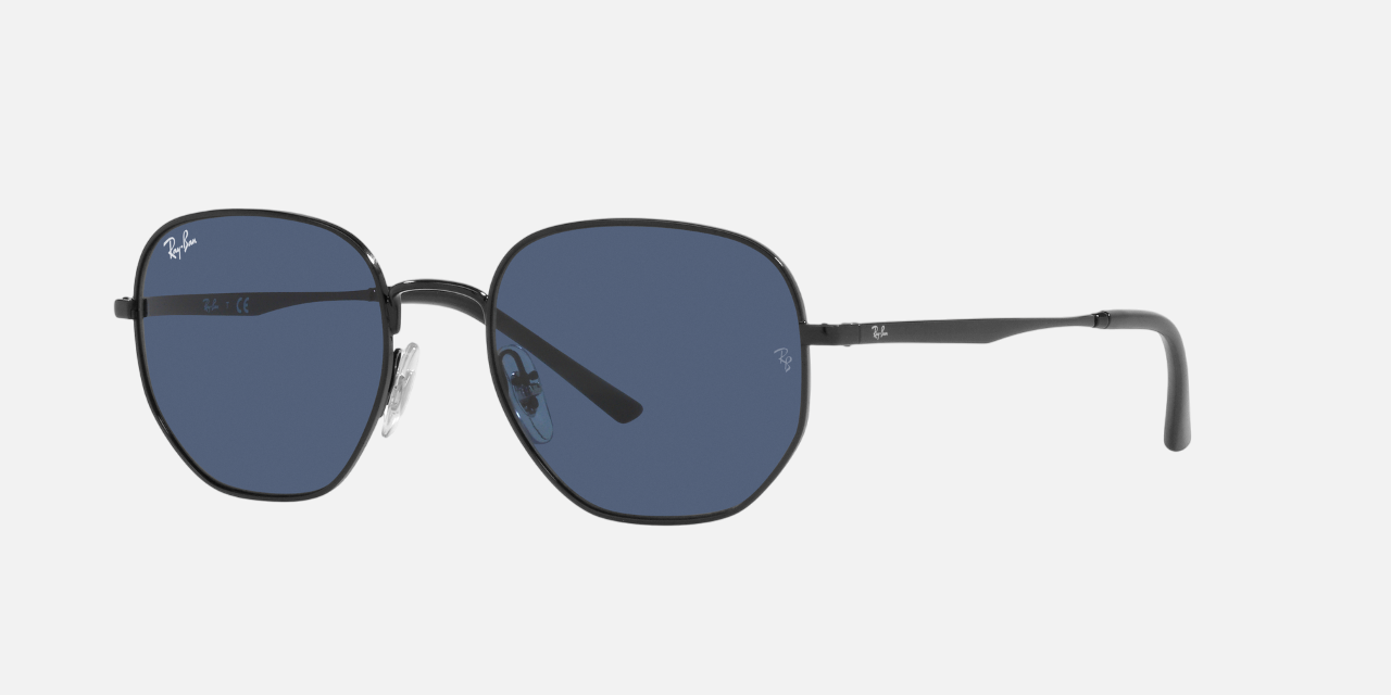 Ray-Ban RB3682 002/80 hexagonal sunglasses for unisex in full rim metal, with black frame, and dark blue lenses. 51mm in lens size, 19mm in bridge size, and 145mm in temple length.