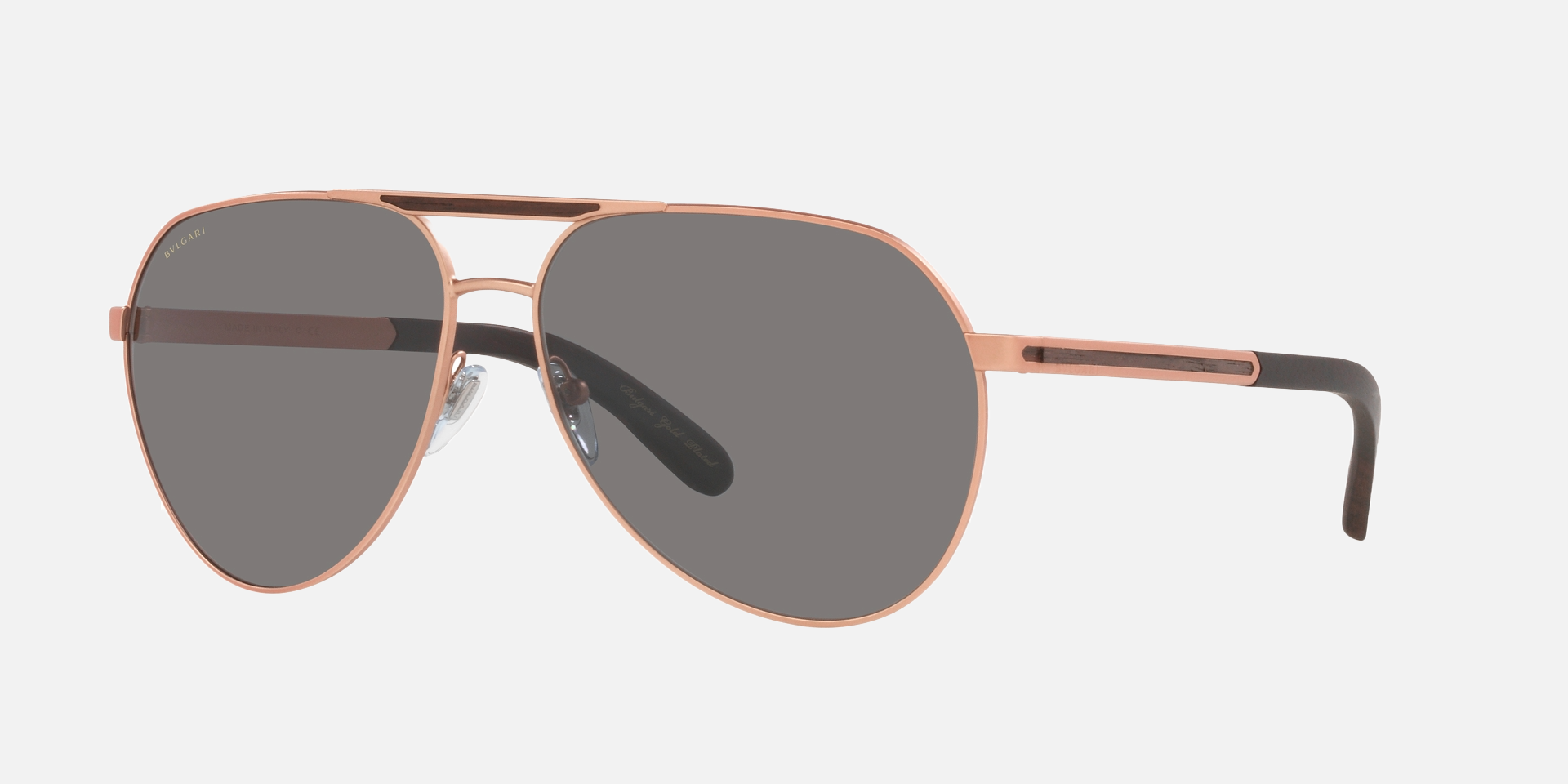 Bvlgari BV5055K 200681 aviator sunglasses for men in full rim metal, with matte pink gold plated frame, and dark grey lenses. 62mm in lens size, 14mm in bridge size, and 145mm in temple length.