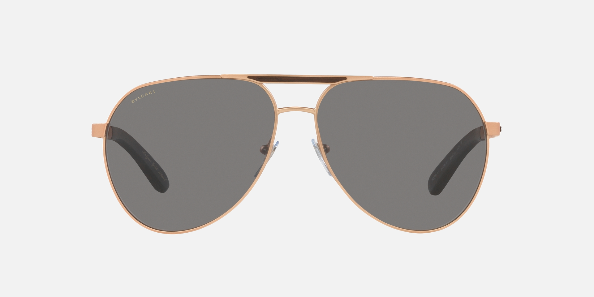 Bvlgari BV5055K 200681 aviator sunglasses for men in full rim metal, with matte pink gold plated frame, and dark grey lenses. 62mm in lens size, 14mm in bridge size, and 145mm in temple length.