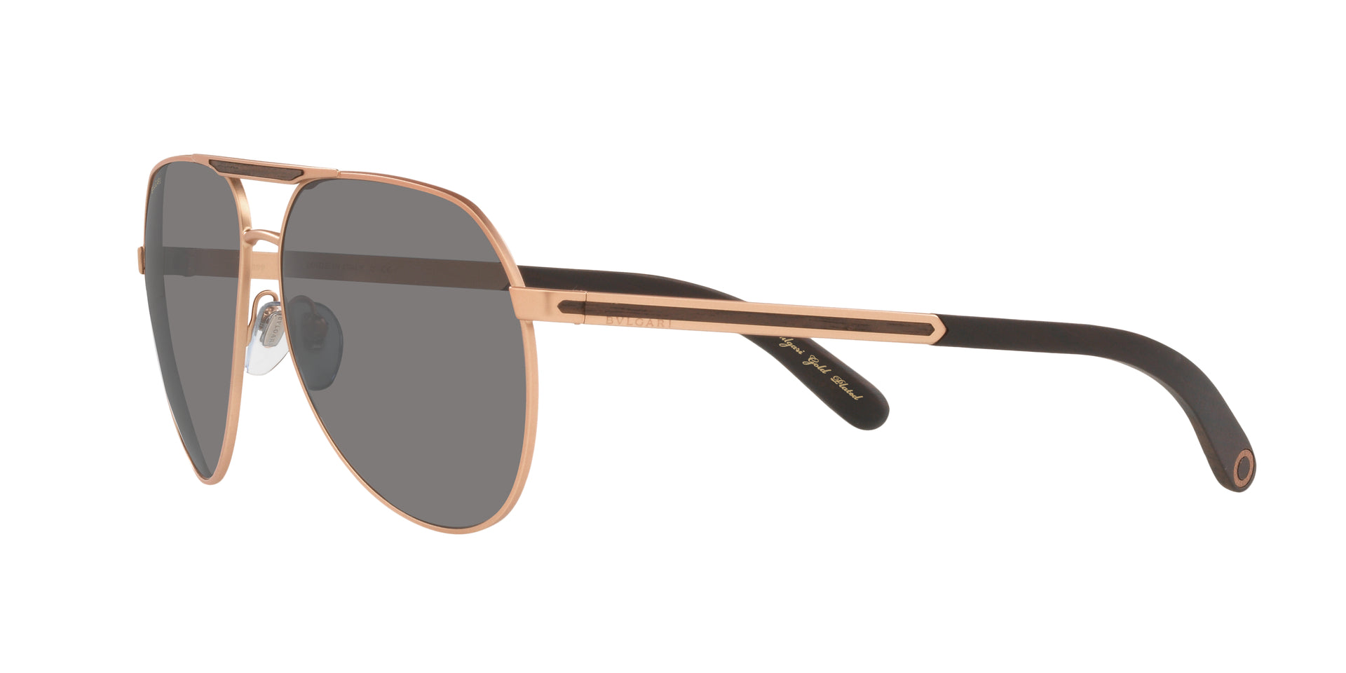 Bvlgari BV5055K 200681 aviator sunglasses for men in full rim metal, with matte pink gold plated frame, and dark grey lenses. 62mm in lens size, 14mm in bridge size, and 145mm in temple length.