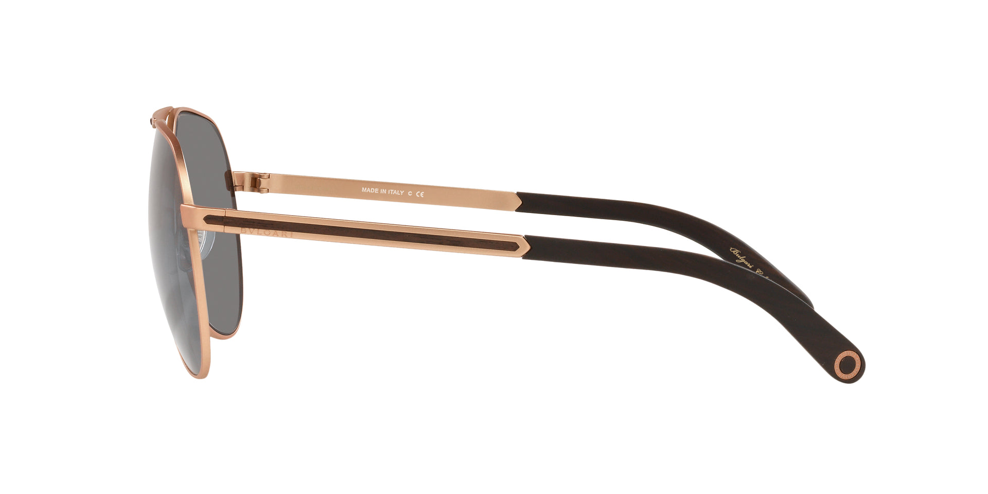 Bvlgari BV5055K 200681 aviator sunglasses for men in full rim metal, with matte pink gold plated frame, and dark grey lenses. 62mm in lens size, 14mm in bridge size, and 145mm in temple length.