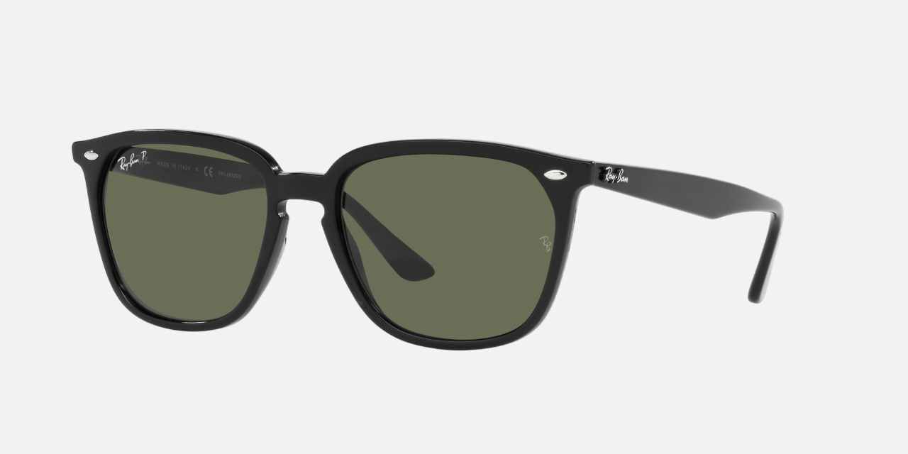 Ray-Ban RB4362 601/9A square sunglasses for unisex in full rim plastic, with black frame, and green lenses. 55mm in lens size, 18mm in bridge size, and 145mm in temple length.
