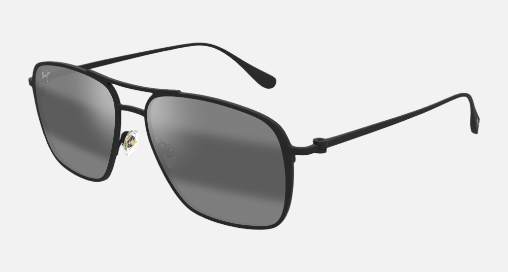 Maui Jim Beaches 2M aviator sunglasses for unisex in full rim metal, with matte black frame, and neutral grey lenses. 57mm in lens size, 16mm in bridge size, and 145mm in temple length.