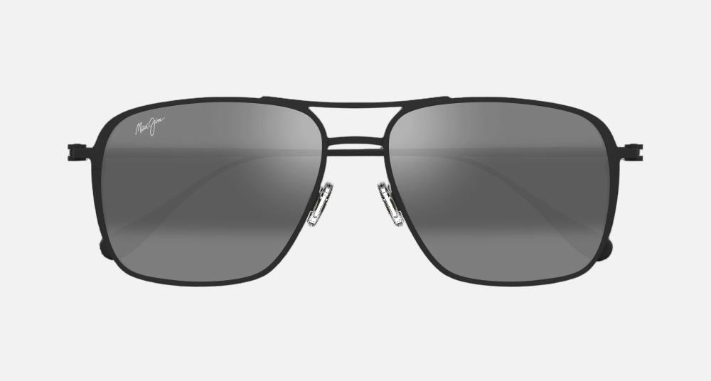 Maui Jim Beaches 2M aviator sunglasses for unisex in full rim metal, with matte black frame, and neutral grey lenses. 57mm in lens size, 16mm in bridge size, and 145mm in temple length.