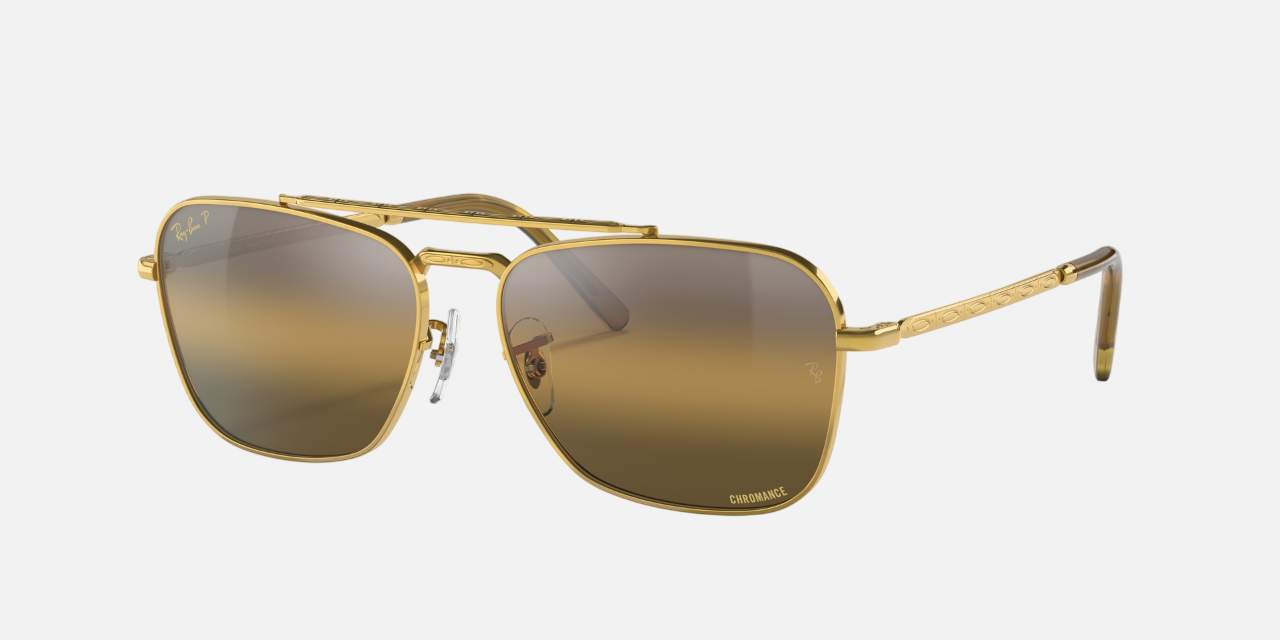 Ray-Ban New Caravan RB3636 9196G5 square sunglasses for unisex in full rim metal, with polished gold frame, and silver/brown chromance lenses. 55mm in lens size, 15mm in bridge size, and 135mm in temple length.
