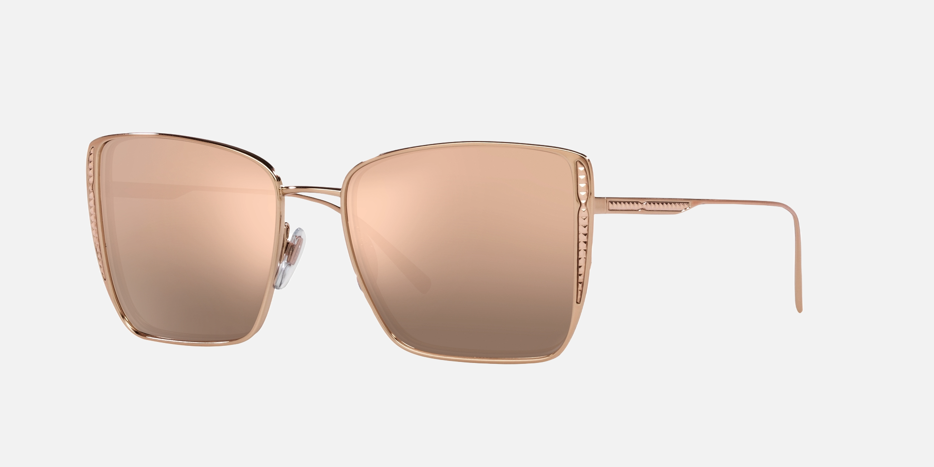 Bvlgari BV6176 20140W square sunglasses for women in full rim metal, with pink gold frame, and rose gold lenses. 55mm in lens size, 17mm in bridge size, and 140mm in temple length.