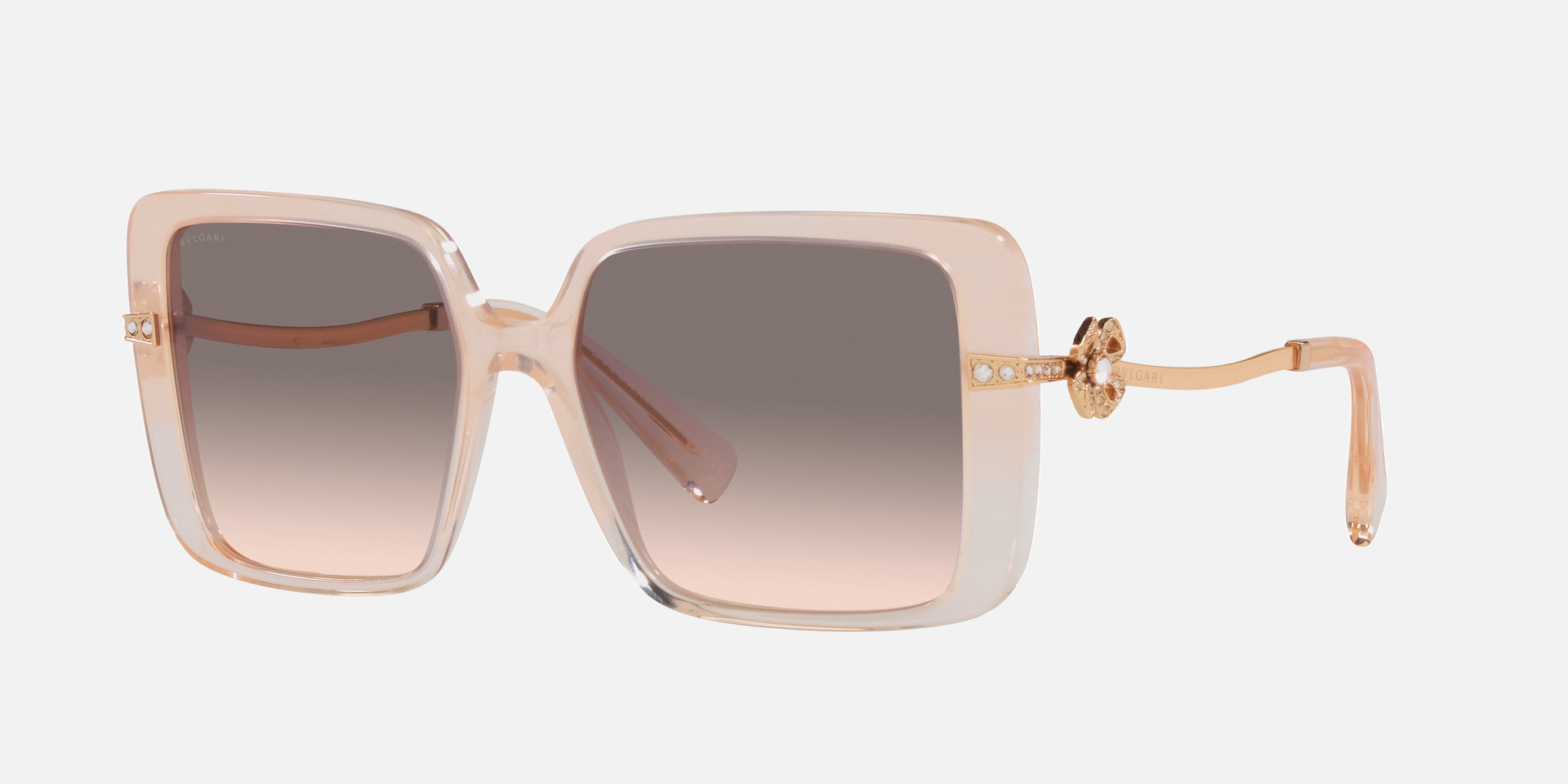 Bvlgari BV8243B 55123B square sunglasses for women in full rim plastic, with opal peach striped gradient frame, and pink gradient gray lenses. 56mm in lens size, 17mm in bridge size, and 140mm in temple length.