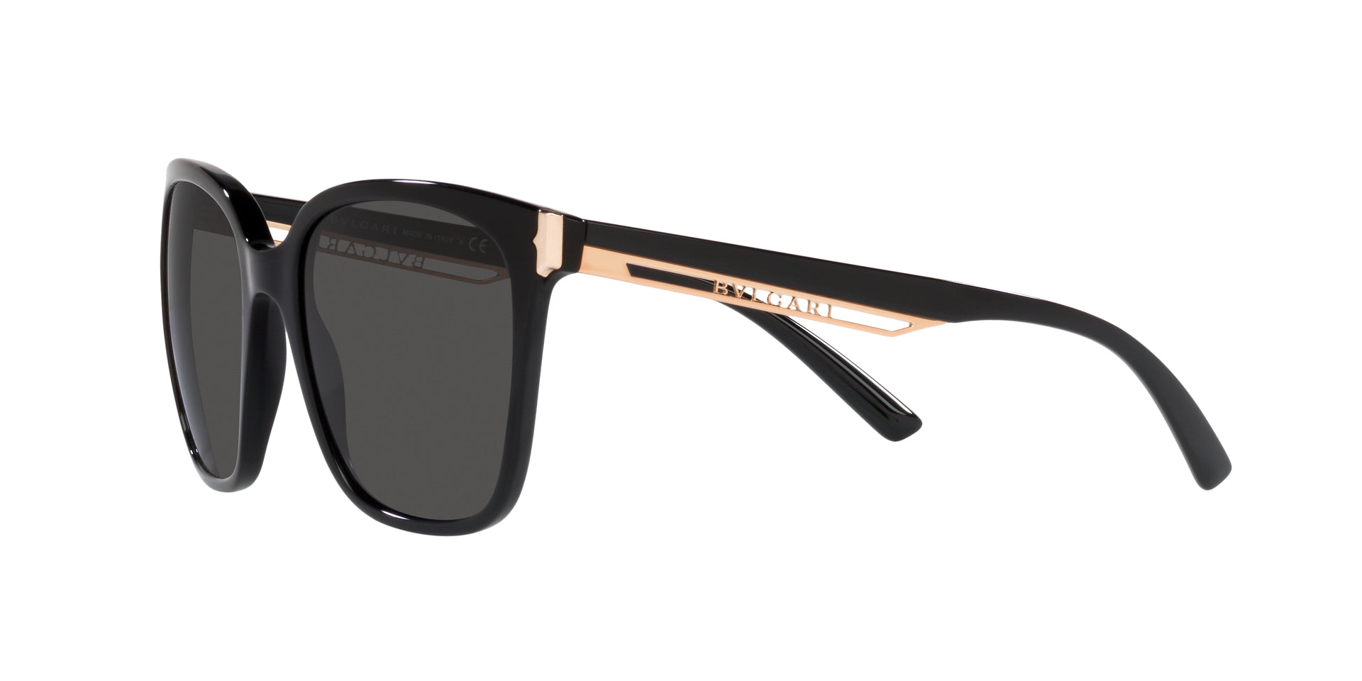 Bvlgari BV8245 501/87 square sunglasses for women in full rim plastic, with black frame, and dark grey lenses. 55mm in lens size, 19mm in bridge size, and 145mm in temple length.