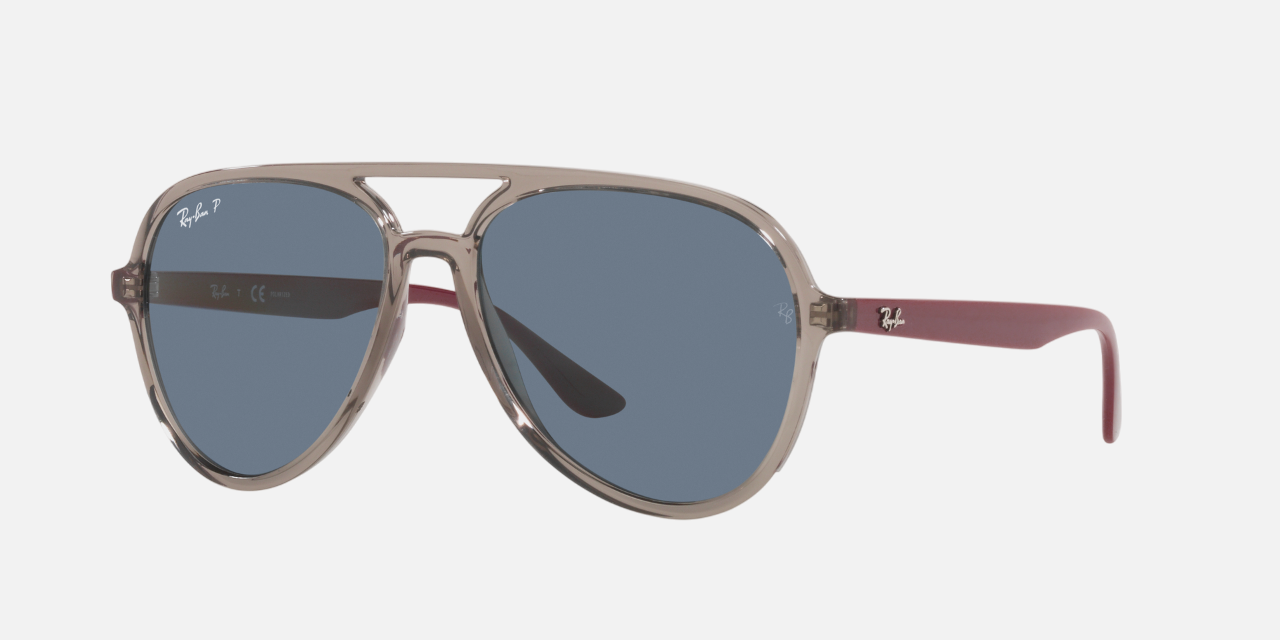 Ray-Ban RB4376 65722V pilot sunglasses for unisex in full rim plastic, with transparent grey frame, and dark blue lenses. 57mm in lens size, 16mm in bridge size, and 145mm in temple length.