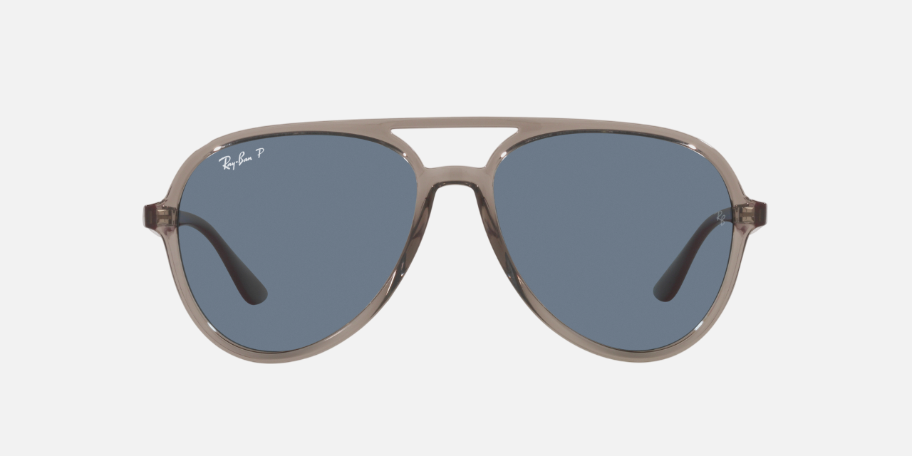 Ray-Ban RB4376 65722V pilot sunglasses for unisex in full rim plastic, with transparent grey frame, and dark blue lenses. 57mm in lens size, 16mm in bridge size, and 145mm in temple length.