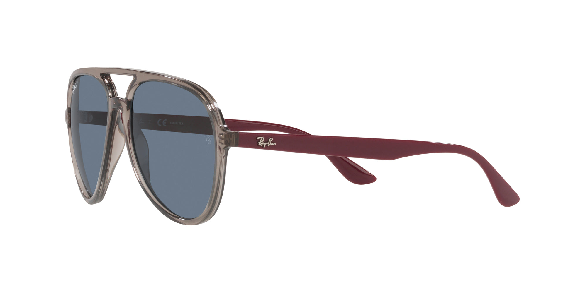Ray-Ban RB4376 65722V pilot sunglasses for unisex in full rim plastic, with transparent grey frame, and dark blue lenses. 57mm in lens size, 16mm in bridge size, and 145mm in temple length.
