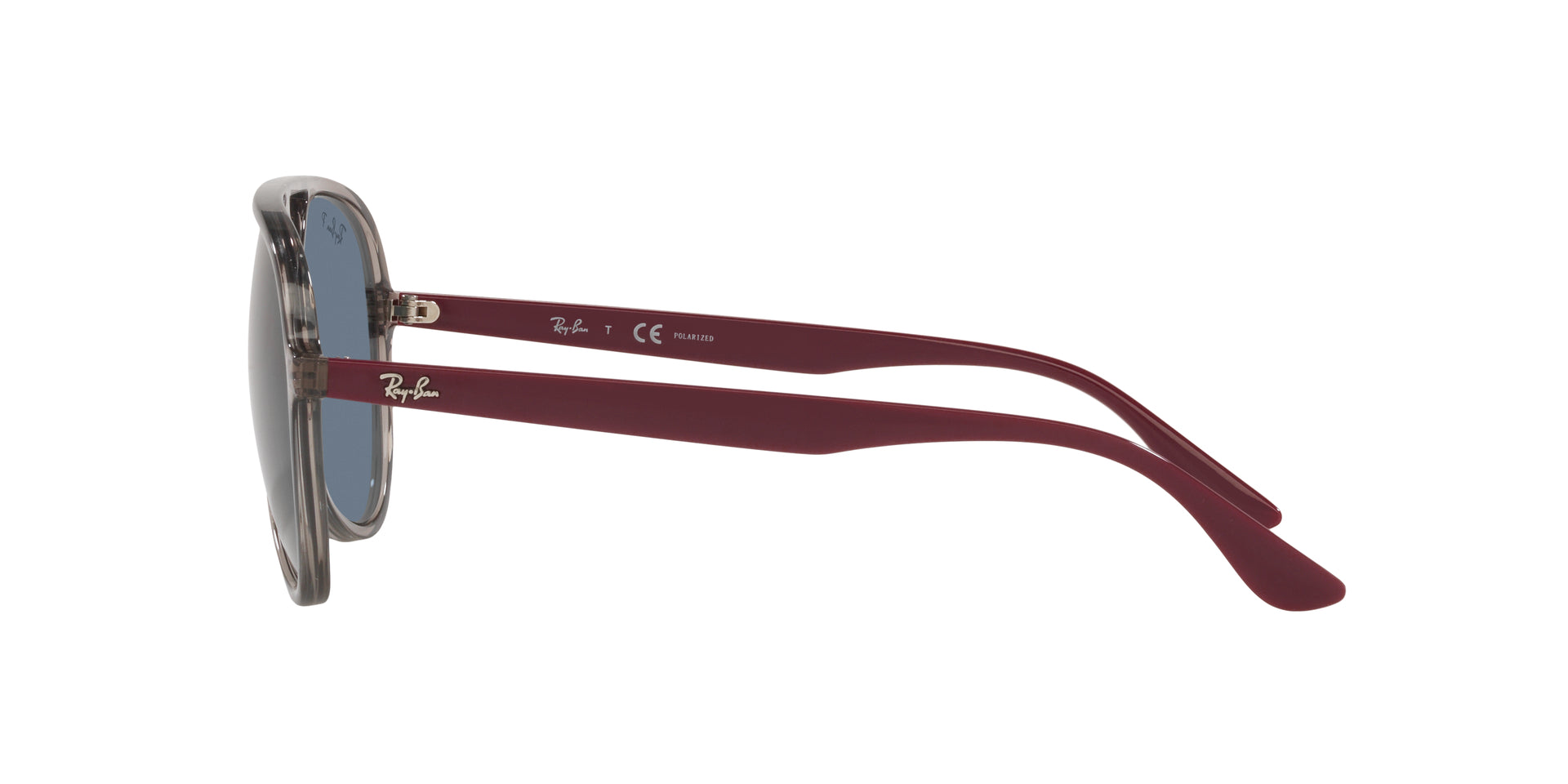 Ray-Ban RB4376 65722V pilot sunglasses for unisex in full rim plastic, with transparent grey frame, and dark blue lenses. 57mm in lens size, 16mm in bridge size, and 145mm in temple length.