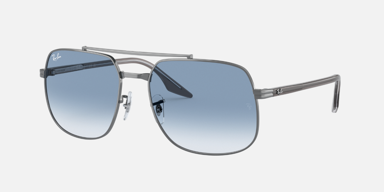 Ray-Ban RB3699 004/3F square sunglasses for unisex in full rim metal, with gunmetal frame, and gradient blue lenses. 56mm in lens size, 18mm in bridge size, and 145mm in temple length.