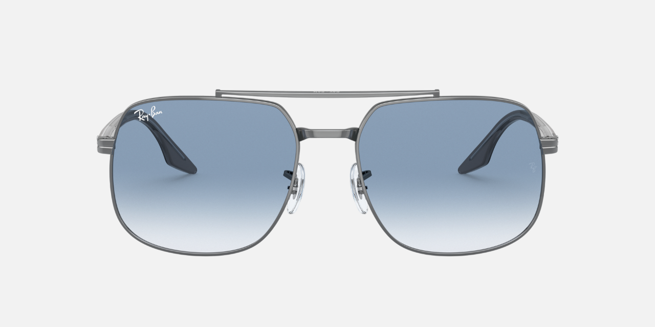 Ray-Ban RB3699 004/3F square sunglasses for unisex in full rim metal, with gunmetal frame, and gradient blue lenses. 56mm in lens size, 18mm in bridge size, and 145mm in temple length.