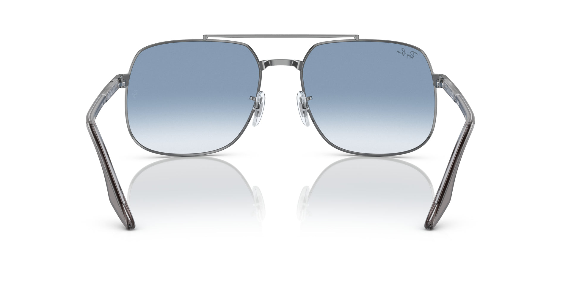 Ray-Ban RB3699 004/3F square sunglasses for unisex in full rim metal, with gunmetal frame, and gradient blue lenses. 59mm in lens size, 18mm in bridge size, and 145mm in temple length.