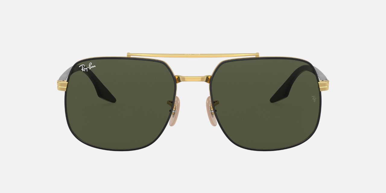 Ray-Ban RB3699 900031 square sunglasses for unisex in full rim metal, with black on gold frame, and green lenses. 59mm in lens size, 18mm in bridge size, and 145mm in temple length.