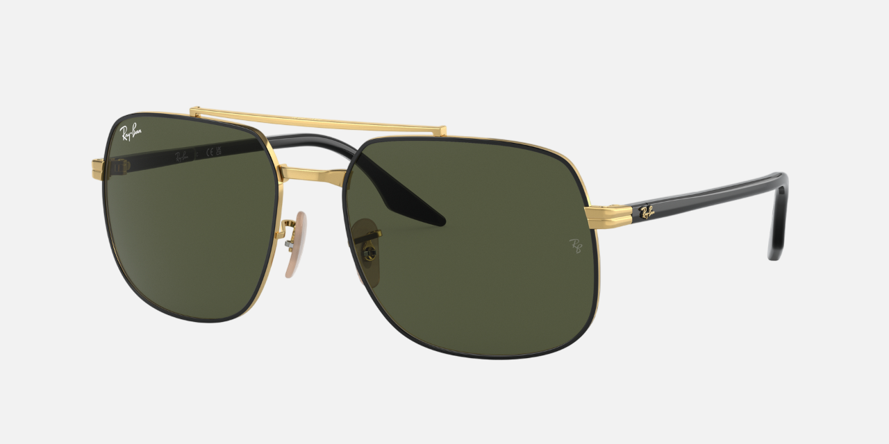 Ray-Ban RB3699 900031 square sunglasses for unisex in full rim metal, with black on gold frame, and green lenses. 59mm in lens size, 18mm in bridge size, and 145mm in temple length.