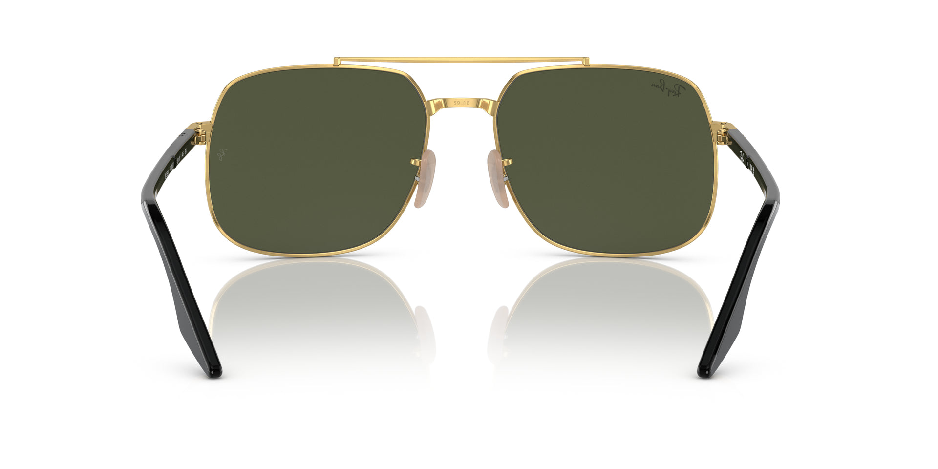Ray-Ban RB3699 900031 square sunglasses for unisex in full rim metal, with black on gold frame, and green lenses. 59mm in lens size, 18mm in bridge size, and 145mm in temple length.