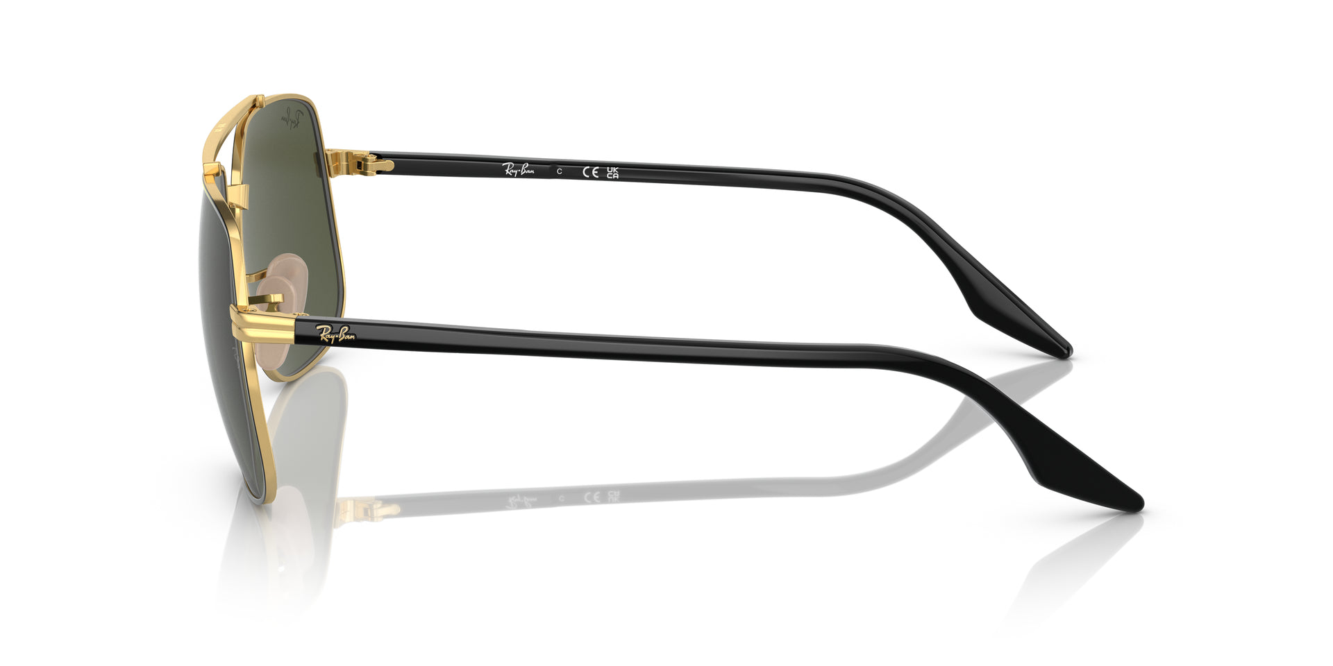 Ray-Ban RB3699 900031 square sunglasses for unisex in full rim metal, with black on gold frame, and green lenses. 59mm in lens size, 18mm in bridge size, and 145mm in temple length.