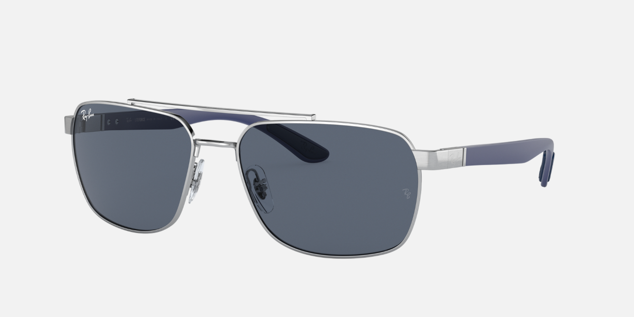 Ray-Ban RB3701 924387 rectangular sunglasses for men in full rim metal, with silver frame, and dark grey lenses. 59mm in lens size, 17mm in bridge size, and 145mm in temple length.