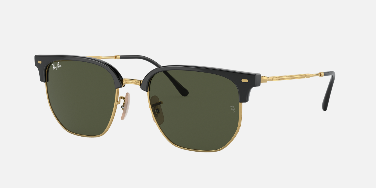 Ray-Ban New Clubmaster RB4416 601/31 irregular sunglasses for unisex in full rim metal, with black on gold frame, and green lenses. 51mm in lens size, 20mm in bridge size, and 145mm in temple length.